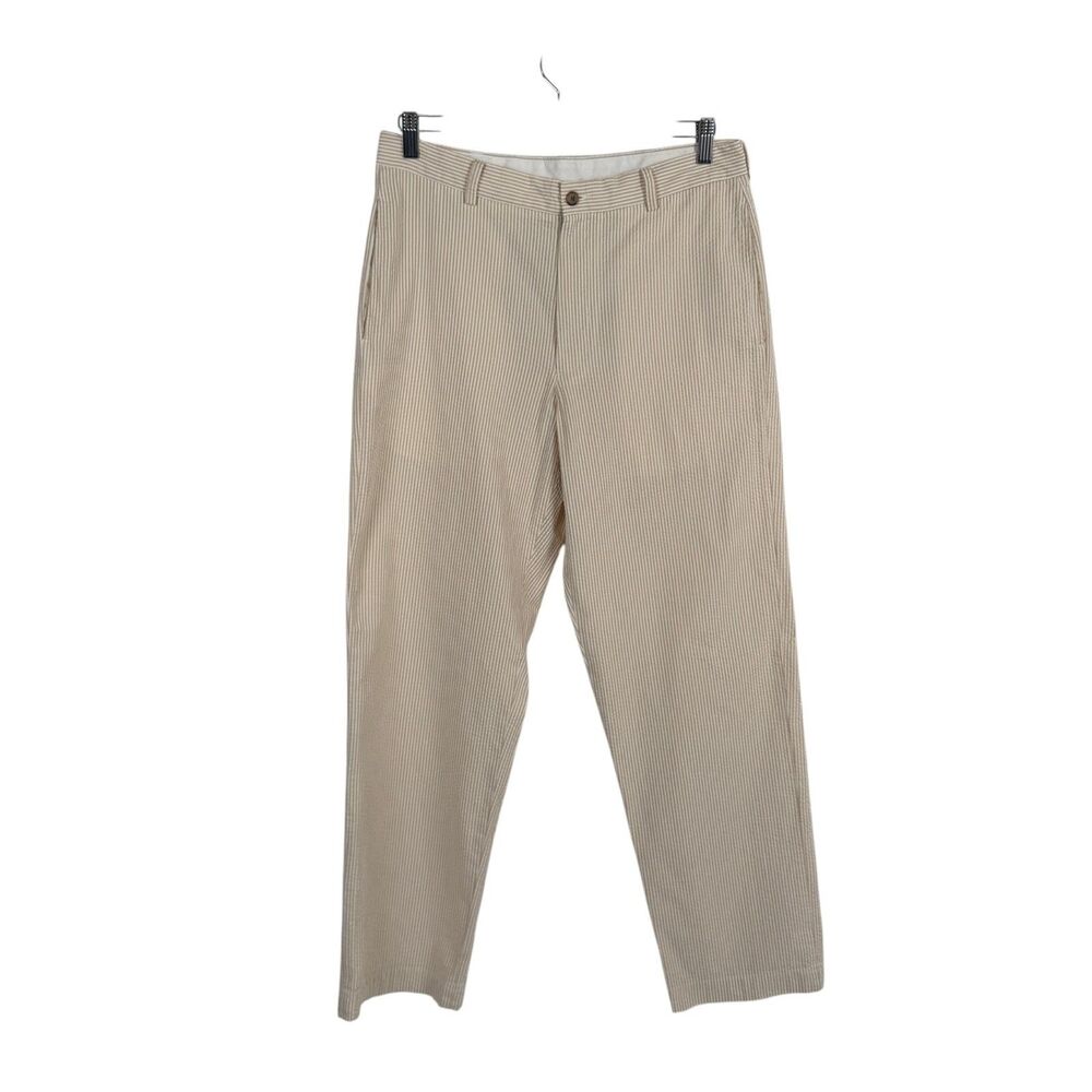 Brooks Brothers Pants Men 33 x31 Tan Stripe Seersucker Cotton Flat Front Preppy
